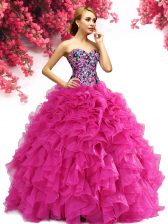 Stunning Hot Pink Sweetheart Lace Up Beading and Ruffles Sweet 16 Dress Sleeveless