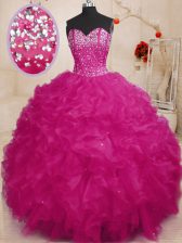 Admirable Fuchsia Sweetheart Lace Up Beading and Ruffles Quinceanera Gowns Sleeveless