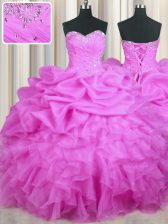 Lilac Organza Lace Up 15 Quinceanera Dress Sleeveless Floor Length Beading and Ruffles and Sequins and Ruching