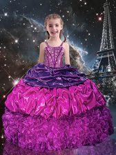  Floor Length Lace Up Little Girls Pageant Dress Purple for Party and Wedding Party with Beading and Ruffles and Pick Ups