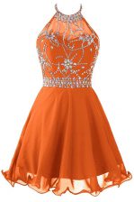  Orange Prom Party Dress Prom and Party with Beading Halter Top Sleeveless Zipper