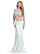  White Long Sleeves With Train Beading and Lace and Appliques Backless Dress for Prom