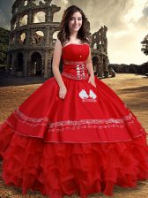 Comfortable Ruffled Red Sleeveless Organza and Taffeta Lace Up Ball Gown Prom Dress for Military Ball and Sweet 16 and Quinceanera