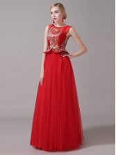  Scoop Red Sleeveless Appliques Floor Length Prom Party Dress