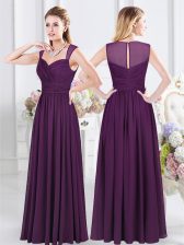  Purple Empire Straps Sleeveless Chiffon Floor Length Zipper Ruching Damas Dress