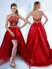  Red A-line Satin Halter Top Sleeveless Beading High Low Zipper Prom Dress
