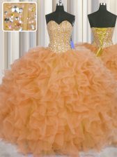 Modern Visible Boning Orange Lace Up Quince Ball Gowns Beading and Ruffles and Sashes ribbons Sleeveless Floor Length