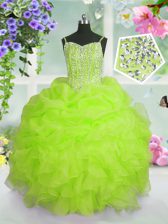Super Yellow Green Lace Up Child Pageant Dress Beading and Ruffles and Pick Ups Sleeveless Floor Length