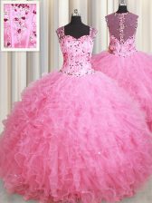 Fashion Rose Pink Straps Neckline Beading and Ruffles Sweet 16 Dresses Sleeveless Zipper