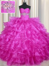  Ruffled Layers Fuchsia Sleeveless Organza Lace Up Ball Gown Prom Dress for Military Ball and Sweet 16 and Quinceanera