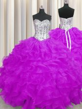  Purple Lace Up Sweetheart Beading and Ruffles 15 Quinceanera Dress Organza Sleeveless