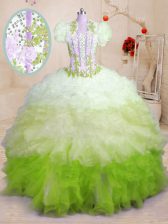  With Train Lace Up Ball Gown Prom Dress Multi-color for Military Ball and Sweet 16 and Quinceanera with Beading and Appliques and Ruffles Brush Train