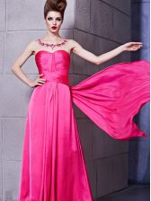  Hot Pink Sleeveless Ruching Floor Length Prom Gown