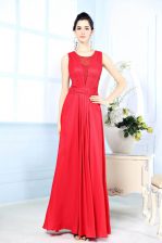  Scoop Red Zipper Homecoming Dress Ruching Sleeveless Floor Length