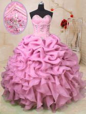  Baby Pink Sleeveless Floor Length Beading and Ruffles and Pick Ups Lace Up Sweet 16 Dress