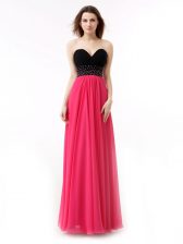  Pink And Black Sleeveless Floor Length Beading and Ruffles Lace Up Evening Dress