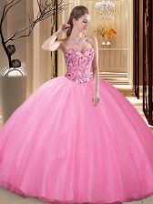  Rose Pink Tulle Lace Up Quinceanera Dress Sleeveless Floor Length Embroidery