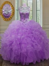 Fancy Lilac Scoop Neckline Beading and Ruffles Quinceanera Gowns Sleeveless Lace Up