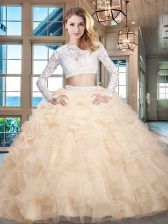 Adorable Scoop Champagne Long Sleeves Beading and Lace and Ruffles Floor Length Quince Ball Gowns