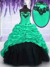  Appliques and Ruffles and Pick Ups Quinceanera Dresses Turquoise Lace Up Sleeveless With Train Sweep Train