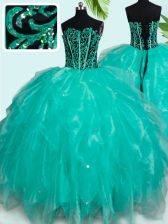  Turquoise Ball Gowns Beading and Ruffles Quinceanera Gowns Lace Up Organza Sleeveless Floor Length