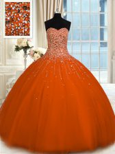 Extravagant Rust Red Ball Gowns Beading Quinceanera Gown Lace Up Tulle Sleeveless Floor Length