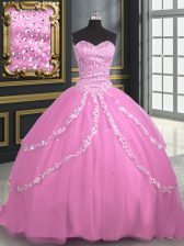 Classical Sleeveless Tulle With Brush Train Lace Up Vestidos de Quinceanera in Rose Pink with Beading and Appliques
