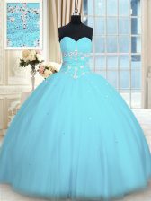 Fashionable Floor Length Lace Up Quinceanera Dresses Aqua Blue for Military Ball and Sweet 16 and Quinceanera with Appliques