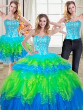  Three Piece Sleeveless Tulle Floor Length Lace Up Quince Ball Gowns in Multi-color with Beading and Ruffled Layers
