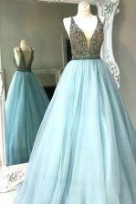  Light Blue Backless Prom Dress Beading Sleeveless Floor Length