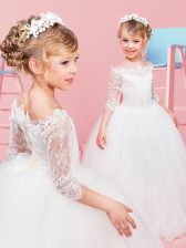 Dynamic Tulle Off The Shoulder Half Sleeves Zipper Lace Toddler Flower Girl Dress in White