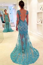 Great Mermaid Lace V-neck Long Sleeves Brush Train Backless Lace Dress for Prom in Blue