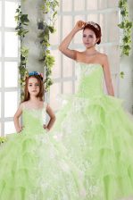  Floor Length Lace Up Sweet 16 Dress Yellow Green for Military Ball and Sweet 16 and Quinceanera with Beading and Ruffled Layers and Ruching