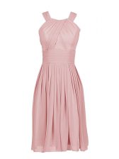Popular Pleated Knee Length Pink Prom Evening Gown Scoop Sleeveless Zipper