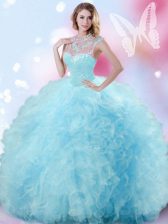 Delicate Light Blue Vestidos de Quinceanera Military Ball and Sweet 16 and Quinceanera with Beading and Ruffles and Pick Ups High-neck Sleeveless Zipper