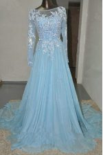 Lovely Long Sleeves Court Train Zipper Appliques and Belt Prom Gown