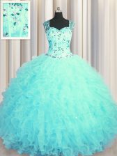  See Through Zipper Up Aqua Blue Sleeveless Tulle Zipper Quinceanera Gown for Military Ball and Sweet 16 and Quinceanera