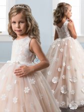  Scoop Sleeveless Floor Length Hand Made Flower Zipper Kids Pageant Dress with Champagne