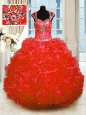 Discount Red Lace Up Straps Beading and Ruffles Quinceanera Dresses Organza Cap Sleeves