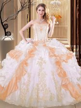  White and Yellow Lace Up Strapless Embroidery and Ruffled Layers Quinceanera Gowns Organza Sleeveless