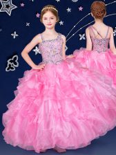 Simple Floor Length Zipper Child Pageant Dress Rose Pink for Quinceanera and Wedding Party with Beading and Ruffles
