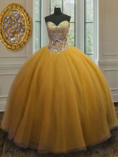Custom Made Sleeveless Floor Length Beading Lace Up Ball Gown Prom Dress with Gold