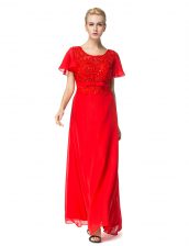  Scoop Short Sleeves Prom Party Dress Floor Length Beading and Appliques Red Chiffon