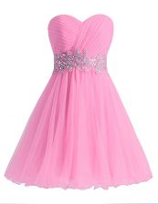  Sleeveless Chiffon Knee Length Lace Up Prom Gown in Rose Pink with Beading and Ruching