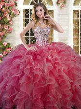 Custom Designed Coral Red Quinceanera Gown Military Ball and Sweet 16 and Quinceanera with Beading and Ruffles Sweetheart Sleeveless Lace Up