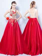  Scoop Red Lace Up Prom Gown Appliques Sleeveless Floor Length