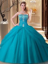 Pretty Teal Lace Up Sweet 16 Dresses Embroidery Sleeveless Floor Length