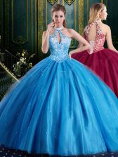  Halter Top Sleeveless Floor Length Beading and Lace and Appliques Lace Up Quinceanera Gown with Baby Blue