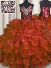 New Arrival Red Organza Lace Up Sweet 16 Dress Sleeveless Floor Length Beading and Ruffles