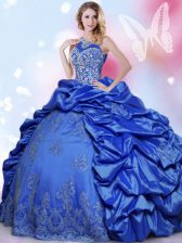  Blue Taffeta Lace Up Halter Top Sleeveless Floor Length Sweet 16 Dress Beading and Lace and Appliques and Pick Ups